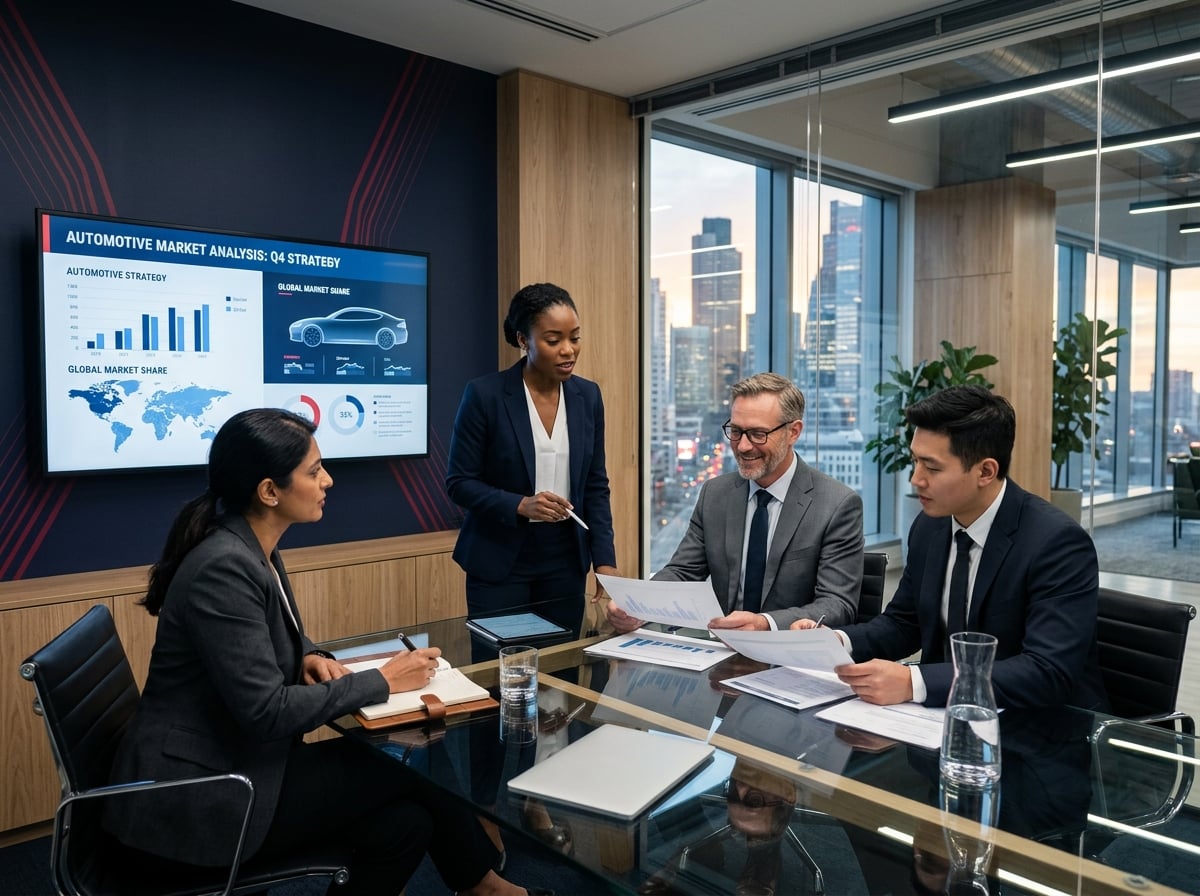 Global automotive executives collaborating in a modern boardroom